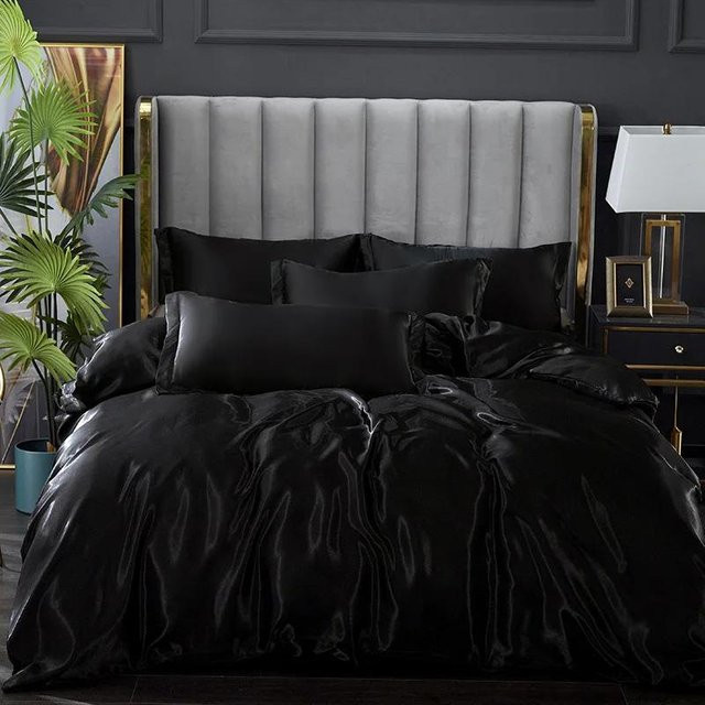 Bin Chi Textiles Seidensatin Bettwäscheset Schwarz, 3-teilig mit Bettdecke, Kissenbezug und Spannbettlaken, B/H: 150 x 200 cm - Bild 1
