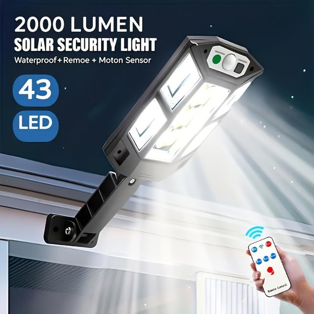Heinast Solar Außenleuchte mit 43 LED und Bewegungsmelder, 2000LM Gartenlampe in Schwarz mit 3 Modi, IP65 wasserdicht, Cool White - Bild 1