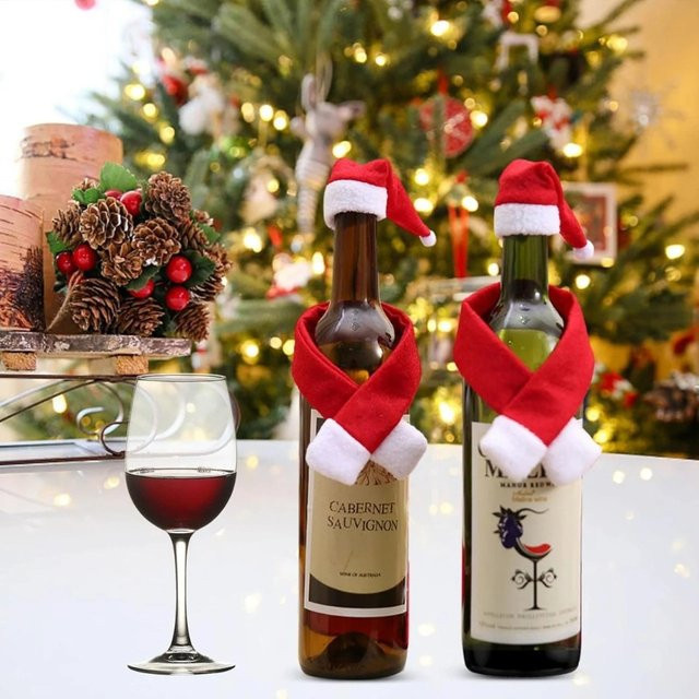 WakaParty Weihnachts-Weinflaschenhülle mit Mini-Weihnachtsmann-Schal und Hut in Rot zur Tischdekoration für Weihnachten - Bild 1
