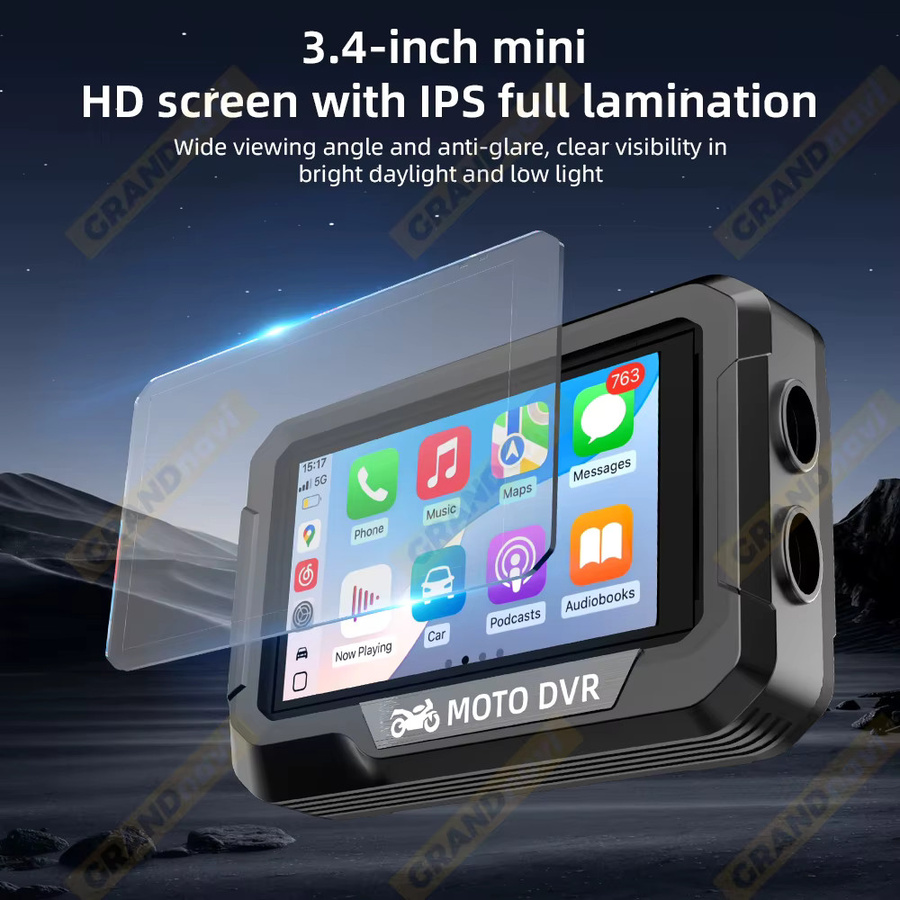 Grandnavi Tragbare 3,4 Zoll Motorrad GPS Navigation mit Wireless CarPlay und Android Auto, DVR Stick Recorder mit WIFI, IP67 Wasserdicht, Schwarz - Bild 2
