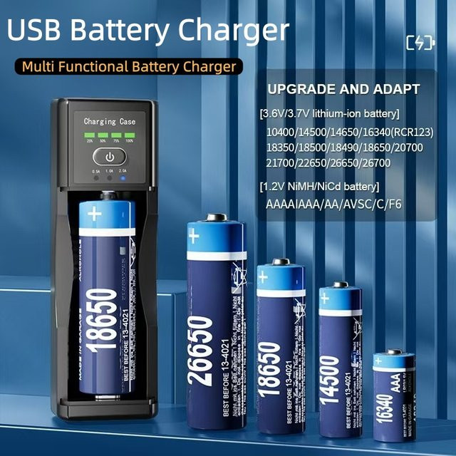 Intelligentes USB-Lithium-Batterie-Ladegerät in Schwarz für 3,6 V/3,7 V Li-Ion-Akkus der Typen 14650, 18650 und 22650 mit 2 A Ladeleistung und USB-C Anschluss - Bild 1