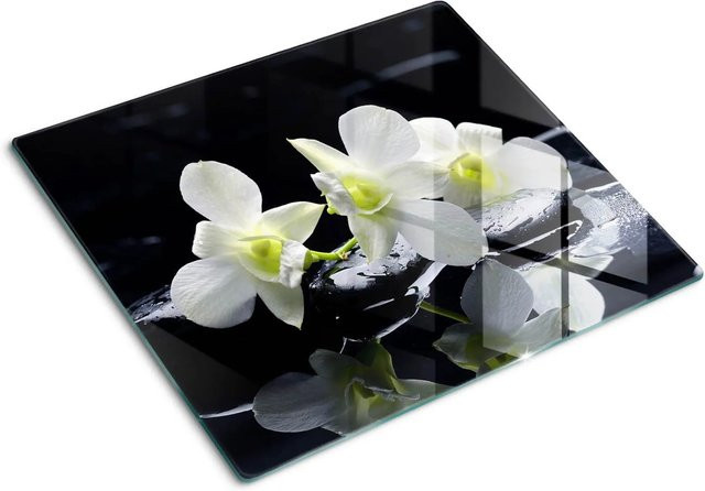 Tulup Herdabdeckplatte aus Glas in Schwarz mit Orchideen-Design, B/T: 60 x 52 cm - Bild 1
