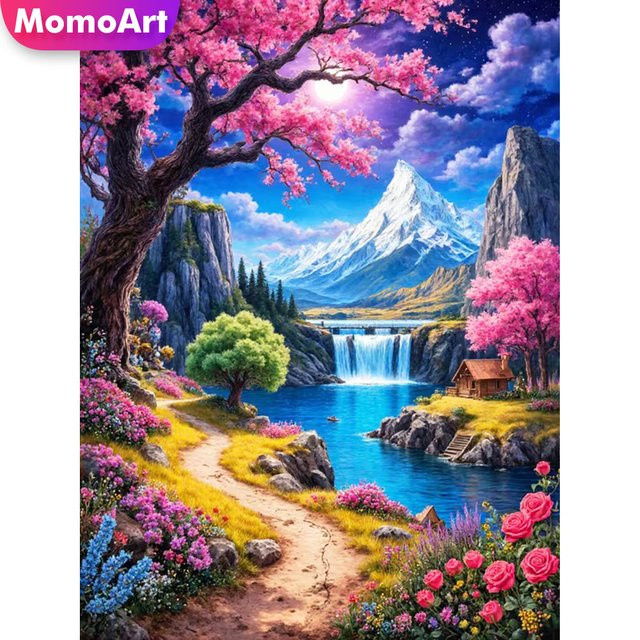 Momoart DIY Fluss-Diamant-Stickerei Berglandschaft Gemälde mit Runddiamanten in Multicolour, B/H: 30 x 20 cm - Bild 1
