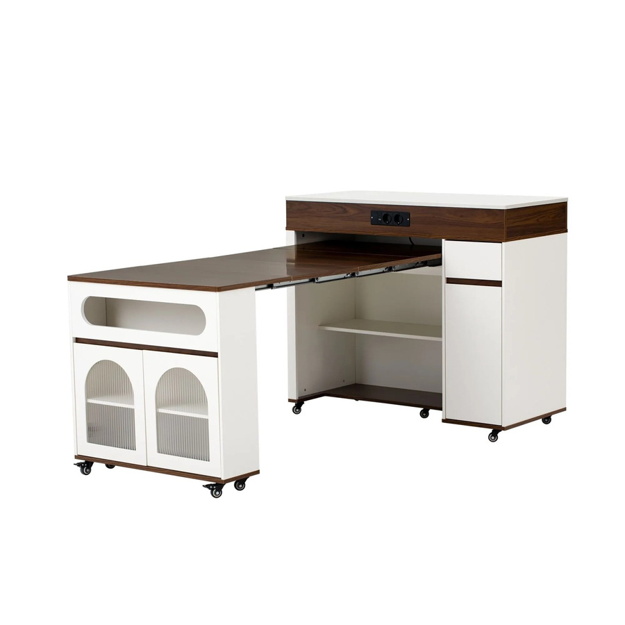 okwish Kücheninsel mit Rollen und ausziehbarem Esstisch inklusive Steckdosen, Weiß und Braun, B/T/H: 187 x 110,5 x 95,5 cm - Bild 2