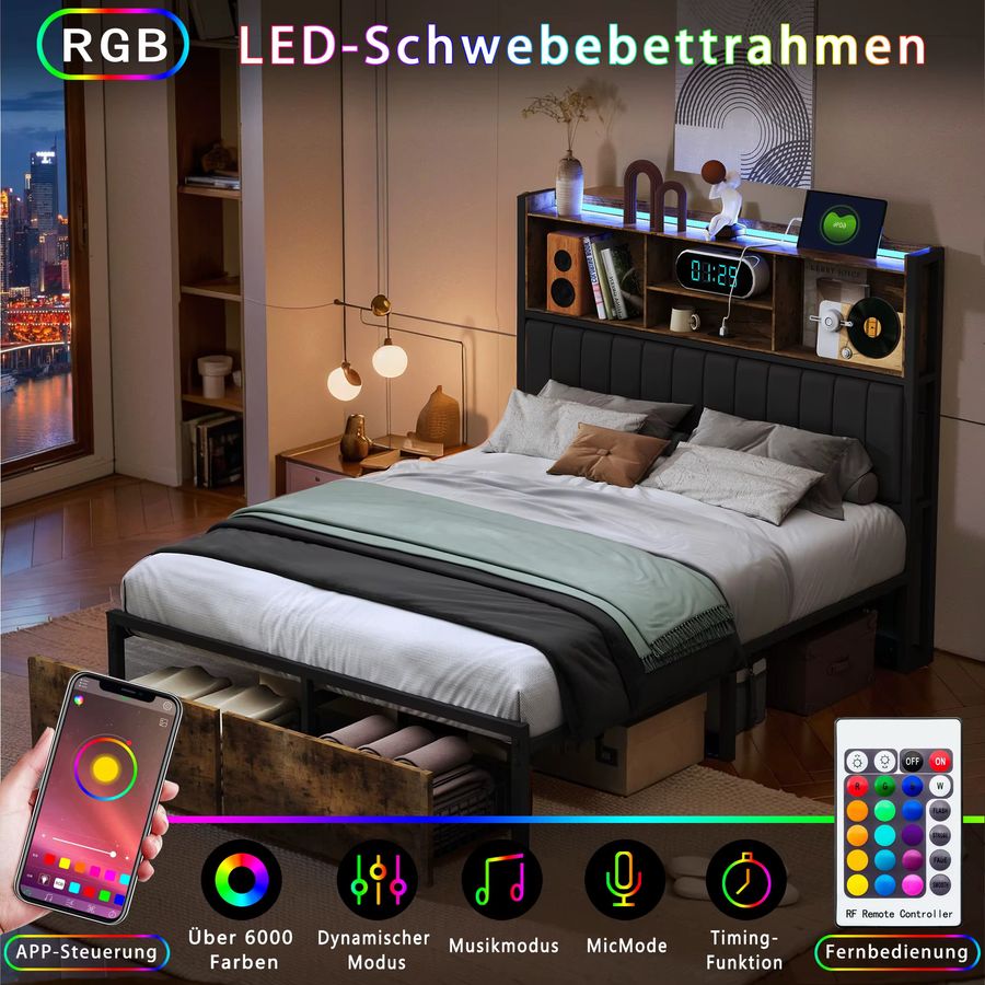Creahappy Massivholzbett in dunklem Khaki mit gepolstertem Kopfteil, LED-Beleuchtung, USB-Buchse und Fußteil mit Doppelschubladen, B/T/H: 160 x 200 cm - Bild 4
