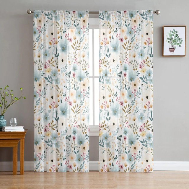 A Family Of Home Textiles Transparent Voile Tüll Vorhang mit floralem Aquarell Blumenmuster, Mehrfarbig, B: 135 cm, H: 114 cm - Bild 1
