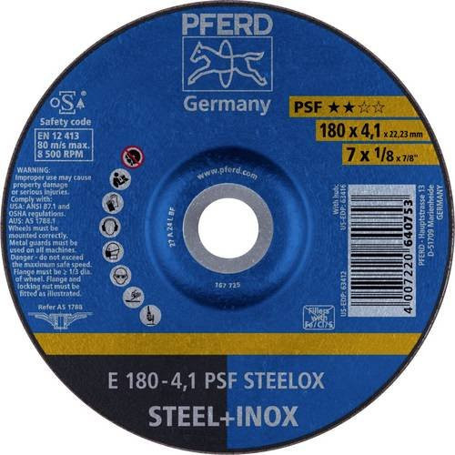 PFERD PSF STEELOX Schruppscheibe gekröpft für Stahl und Edelstahl, Durchmesser: 180 mm, Bohrungs-Ø: 22,23 mm, Dicke: 4,1 mm, Farbe: Blau, 10 Stück - Bild 1