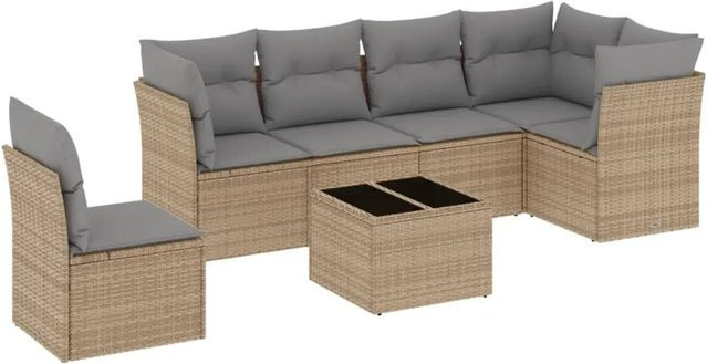 vidaXL 7-teilige Garten-Sofagarnitur in Beige-Grau aus Poly-Rattan mit L-Form und Sitzmöbeln inklusive Tisch und Kissen - Bild 1