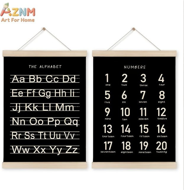 AZNM Montessori Alphabet- und Zahlen-Lehrposter auf Leinwand in Schwarz für Kinderzimmer und Klassenzimmer - Bild 1