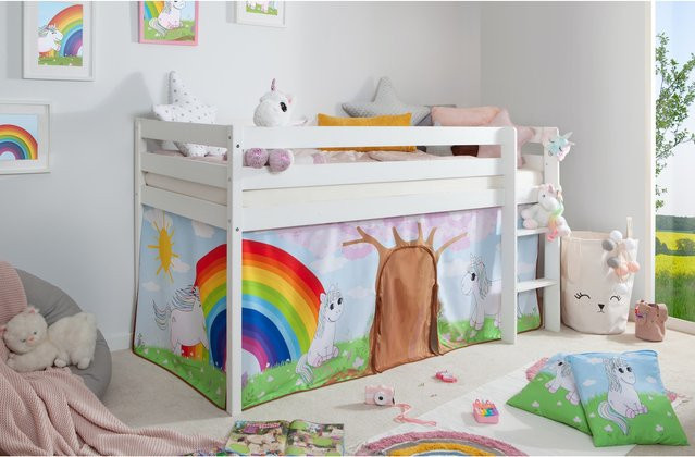 TiCAA Hochbett Einhorn Rainbow für Kinder aus weiß lackierter Kiefer Massivholz in Weiß und Multicolour - Bild 1