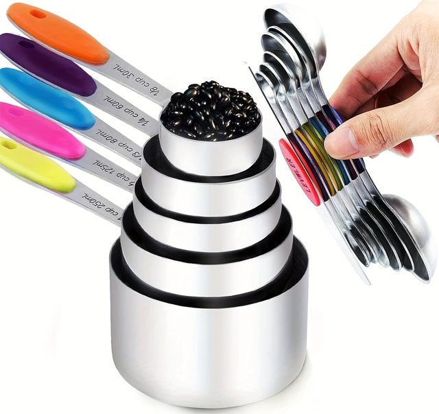SONGKANGLING Messbecher und Messlöffel Set aus Edelstahl in Schwarz und Silber, 13-teilig mit 5 verschachtelbaren Messbechern und 7 magnetischen Messlöffeln - Bild 1