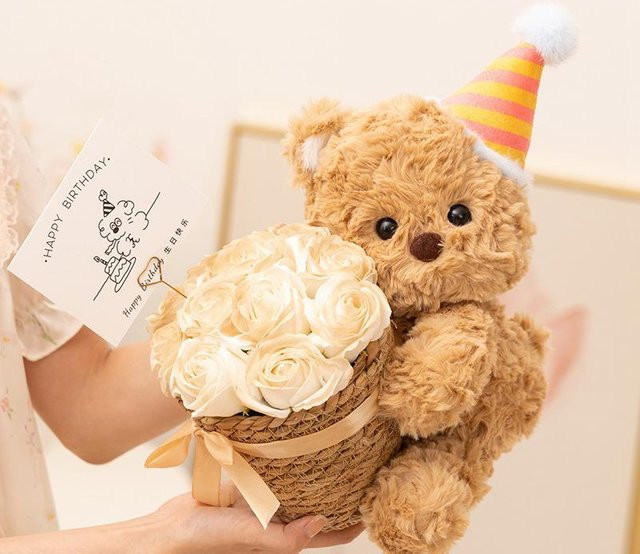 Umarmender Blumenbär Puppe Plüschtier, beige, 40cm - Bild 1