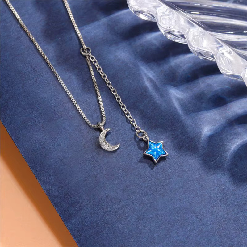 Halskette 925 Silber, Kristallstern und Mond, Kristall, Unisex - Bild 2