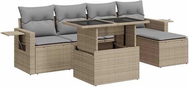 vidaXL 6-teilige Garten-Sofagarnitur aus Poly-Rattan mit Kissen in Beige-grau - Bild 1