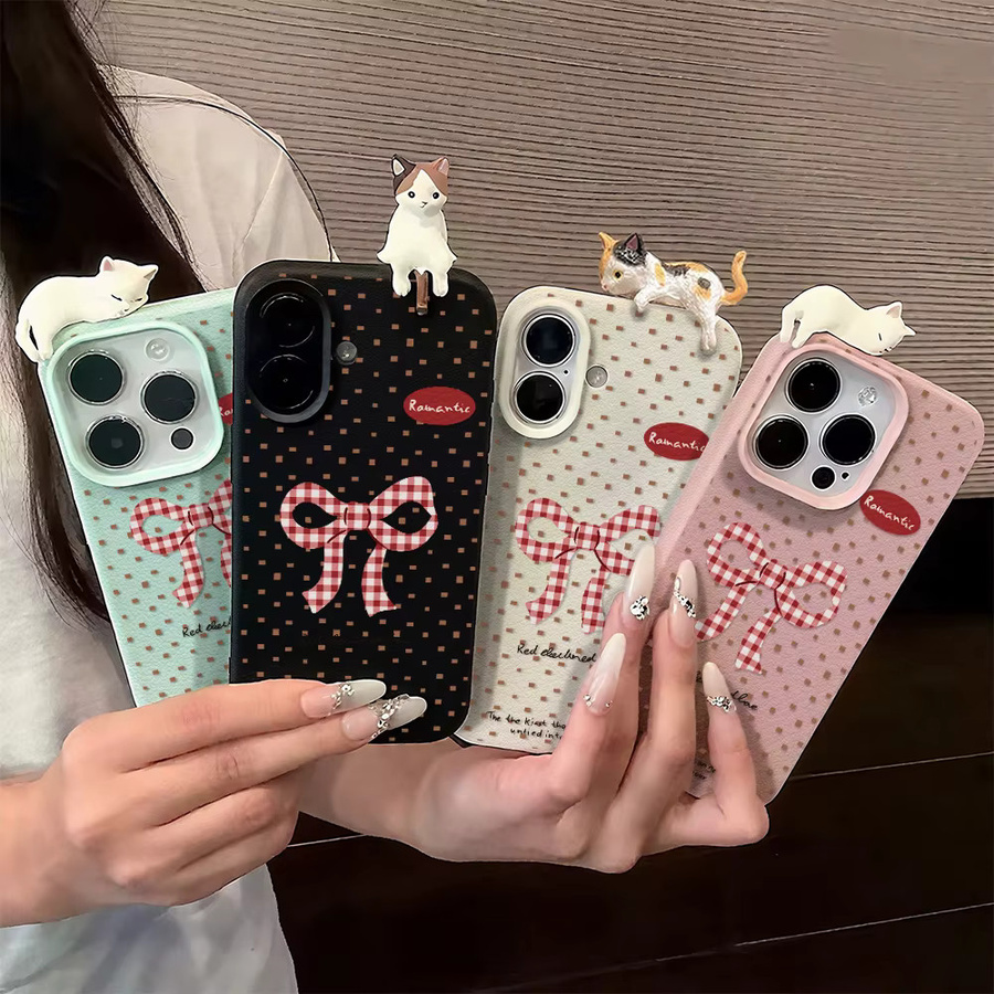 Stoßfeste iPhone Hülle mit süßem 3D Katzen-Design und Schleifen-Punkt-Muster für iPhone 11 bis iPhone 17 Pro Max und Air Modelle - Bild 3