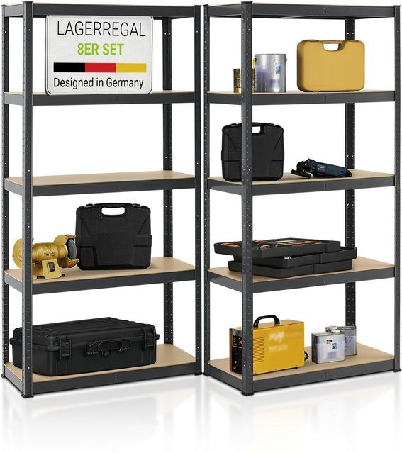 Juskys Lagerregal Basic 8er Set aus verzinktem Metall in Grau, Schwerlastregal mit 40 Böden, H x B x T: 180 x 90 x 40 cm - Bild 1