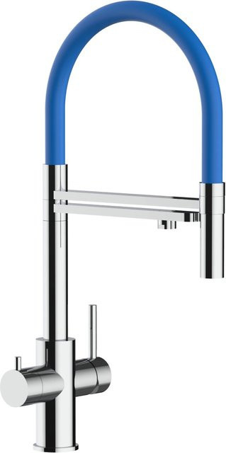 VIZIO Küchenarmatur aus Edelstahl mit 5-Wege-Wasserhahn, 360° schwenkbarem Auslauf und abnehmbarer 2-Strahl-Handbrause in Blau und Silber - Bild 1
