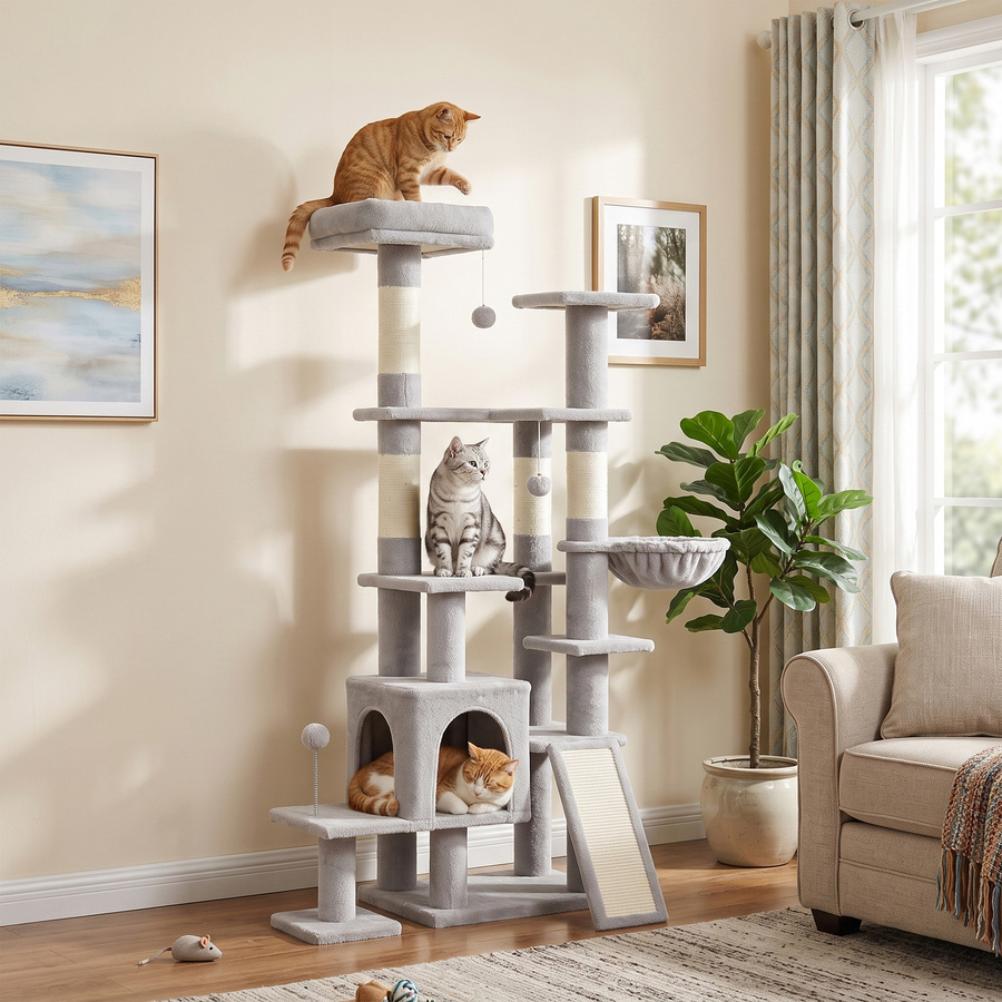 PawHut Kratzbaum Groß in Grau mit Höhle, Hängematte und Spielzeug, Höhe: 152 cm - Bild 2