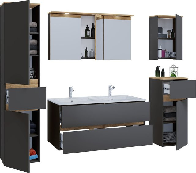 VCM 6-tlg. Badmöbel Set Cosila mit Doppelwaschtisch aus Keramik, Spiegelschrank mit LED-Beleuchtung und Steckdose, Unterschrank mit Softclose-Schubladen sowie Midi- und Hängeschrank, B/H/T: 111 x 51 x 47 cm - Bild 1