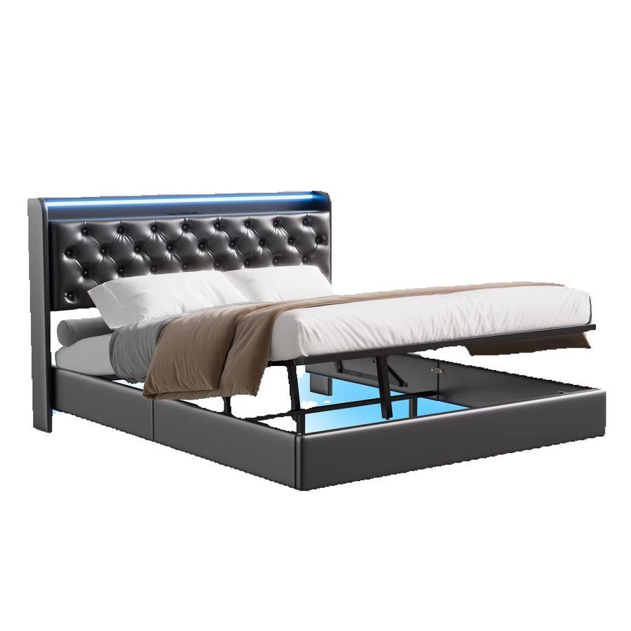 Modernes schwebendes Bett aus schwarzem Leder mit RGB LED, hydraulischem Stauraum und USB-Anschluss am Kopfteil, B/T/H: 140 x 200 x 0 cm - Bild 4