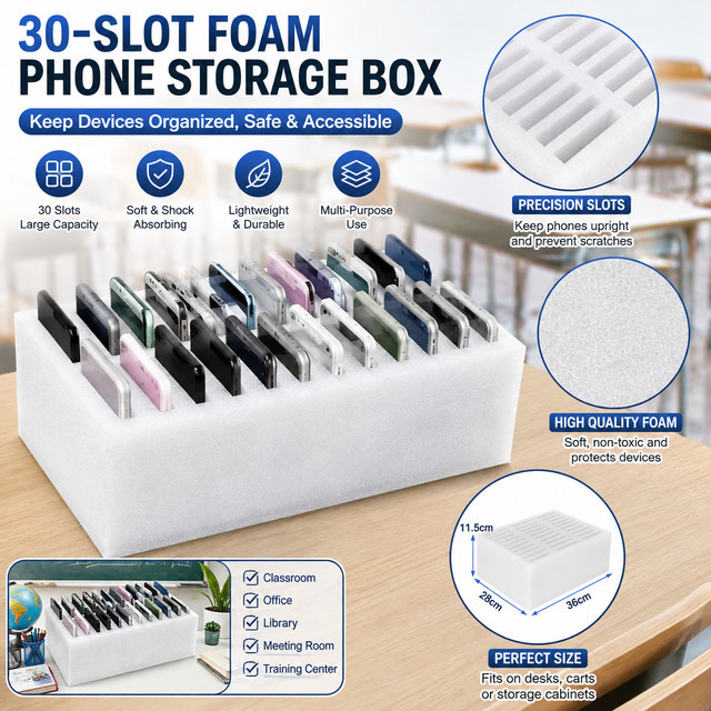 Telefon-Aufbewahrungsbox mit 30 Slots aus Schaumstoff in Weiß für Klassenzimmer und Büro - Bild 1