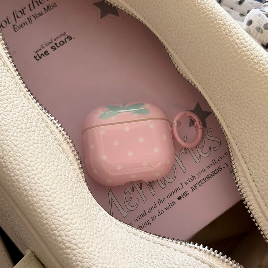 Glänzende AirPods Schutzhülle von Apple mit Rosa Basis und Weißen Polka Dots sowie Erdbeerblatt-Design für AirPods 2 3 4 Pro 2 Pro 3 - Bild 3