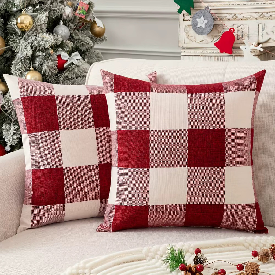 VIKAMA Kissenbezug Buffalo Check im Landhausstil, Rot Schwarz und Beige, 40 x 40 cm - Bild 2