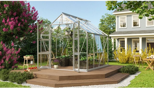 Vitavia Gewächshaus Olymp 6700 mit Alu-Vorzugsset, Farbe Silber/Transparent, ESG Sicherheitsglas 3 mm, mit Doppelflügeltüren und Satteldach - Bild 1