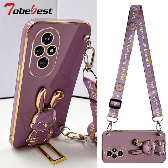 Silikonhülle mit Crossbody Lanyard und Kaninchen-Design für Huawei Honor 300 200 Lite 100 90 80 70 60 Pro in Lila - Bild 1