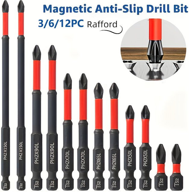 Rafford Magnetisches rutschfestes Bohrer-Set aus S2-Stahl, 3/6/12-teilig, Kreuzschlitz- und Schlagbohrer für Elektro- und Handschrauber - Bild 1