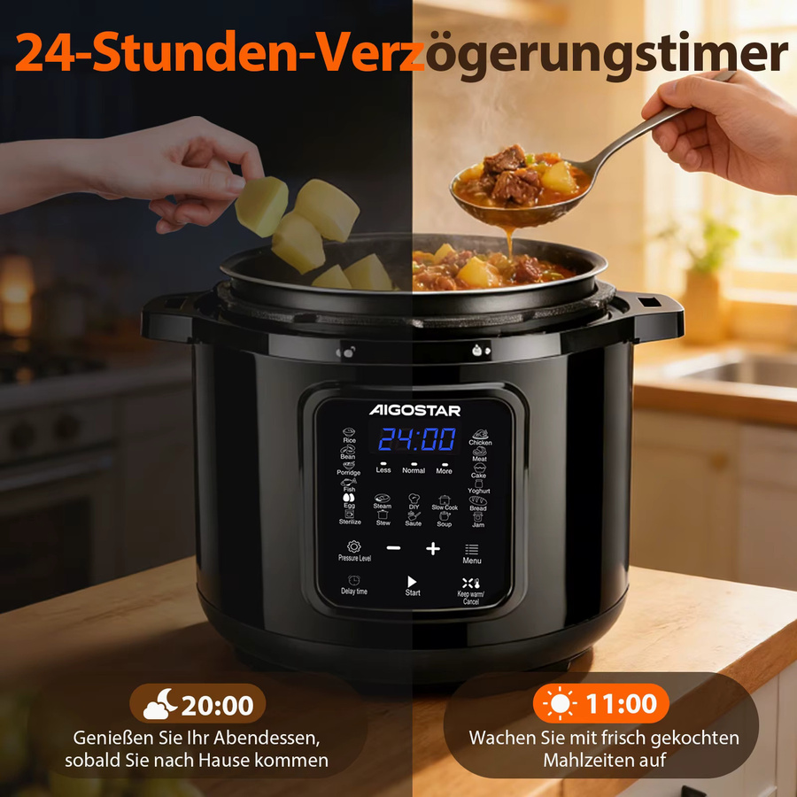 Aigostar Elektrischer Schnellkochtopf 18-in-1 Multikocher mit 6L Volumen, 1000W, Schwarz/Edelstahl - Bild 4