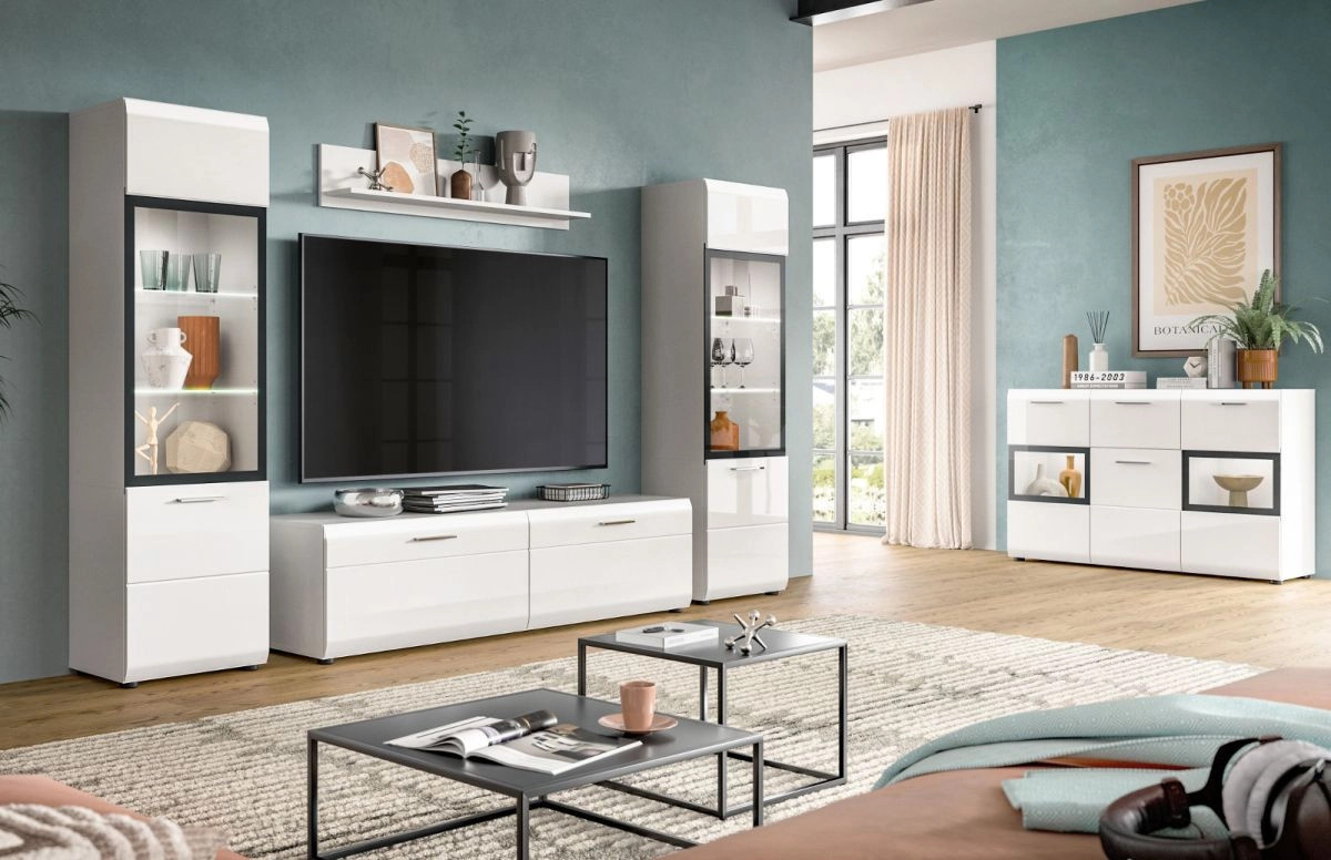 Moderne Wohnwand von Inn.Furn in Weiß Hochglanz mit Vitrine, Lowboard und offenen Regalen, B/H: 220 x 160 cm - Bild 3
