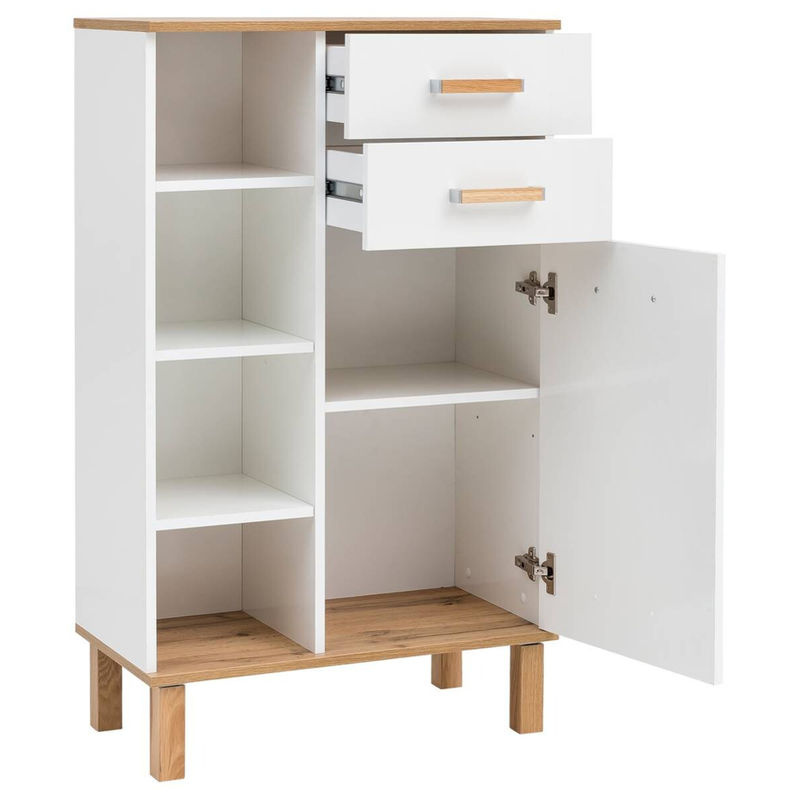 Midischrank Padua von Möbelpartner in Weiß Glanz mit Eiche Landhaus Nachbildung, B/H/T: 67 x 114,5 x 35 cm - Bild 2