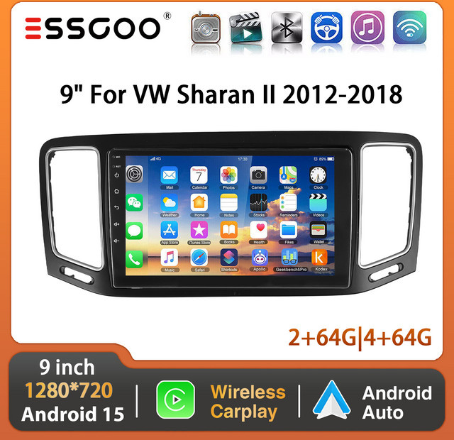 ESSGOO Android 15 Autoradio mit 9 Zoll Touchscreen, 4+64GB, CarPlay, GPS, Bluetooth und Mirror Link für VW Sharan 7N und Seat Alhambra II (2012-2018), Schwarz - Bild 1