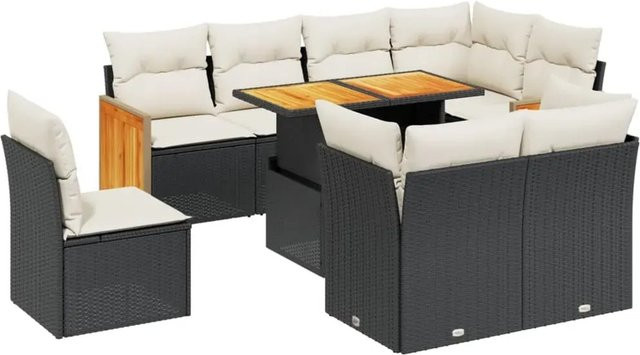 vidaXL 9-teilige Garten-Sofagarnitur in U-Form aus schwarzem Poly-Rattan mit Kissen und pulverbeschichtetem Stahlrahmen - Bild 1
