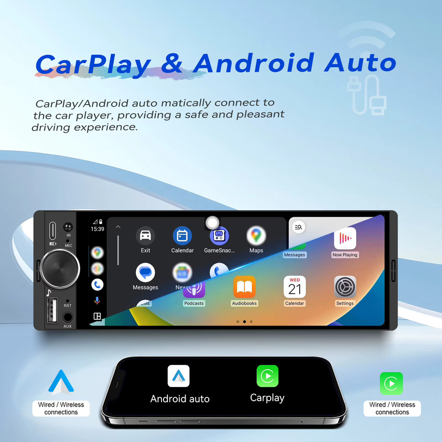 Podofo 1Din Autoradio mit 6,28 Zoll HD-Touchscreen, kabelloses CarPlay und Android Auto, MirrorLink, Bluetooth und USB, Schwarz - Bild 2