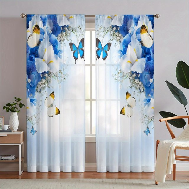 Yiran Furniture Schmetterling Voile Gardine Transparent mit floralem Muster, 2 Paneele, Ösen, Breite: 240 cm, Höhe: 270 cm - Bild 1