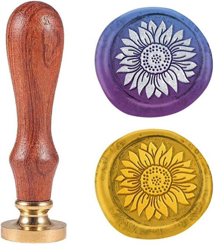 Retro Wachssiegel mit Sonnenblumen-Motiv aus Messing und Holzgriff in Braun - Bild 1