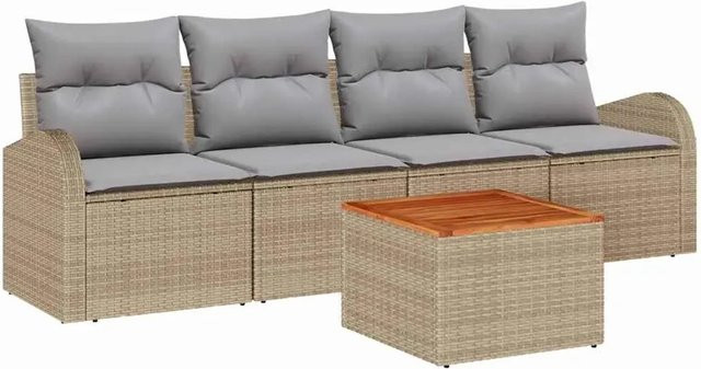 vidaXL Garten-Sofa-Set 5-teilig aus Polyrattan in Beige mit Polstern und Couchtisch - Bild 1