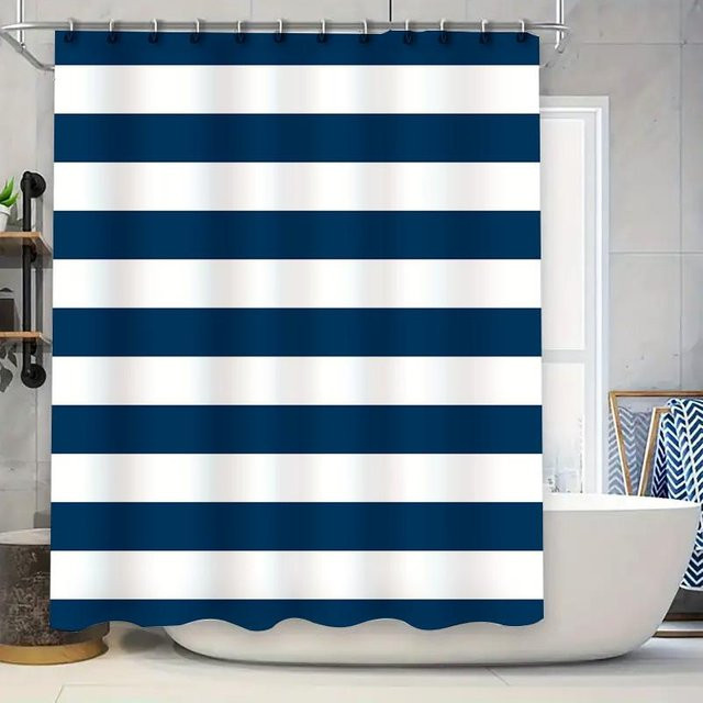 Wasserdichter Duschvorhang von Practical Home Decor mit blau-weißem Streifenmuster aus Polyester, B: 300 cm, H: 180 cm - Bild 1