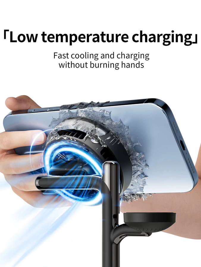VIKEFON Magnetisches kabelloses Ladegerät mit ICE-Kühlung und Bluetooth-Lautsprecher, 25W Qi2 Schnellladestation für iPhone und Samsung, Schwarz - Bild 3