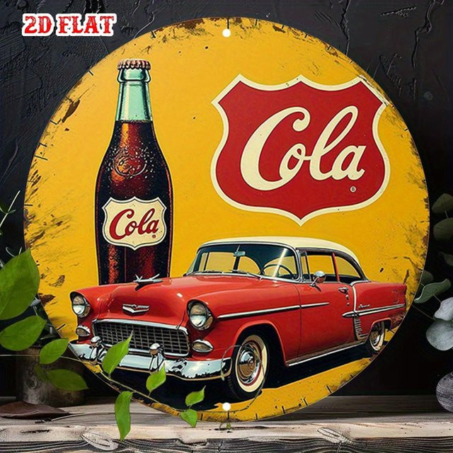 Potdemiel Metallblechschild Vintage Red Car & Cola Beverage Rund, Durchmesser: 20 cm, Farbe: Rot/Mehrfarbig - Bild 1