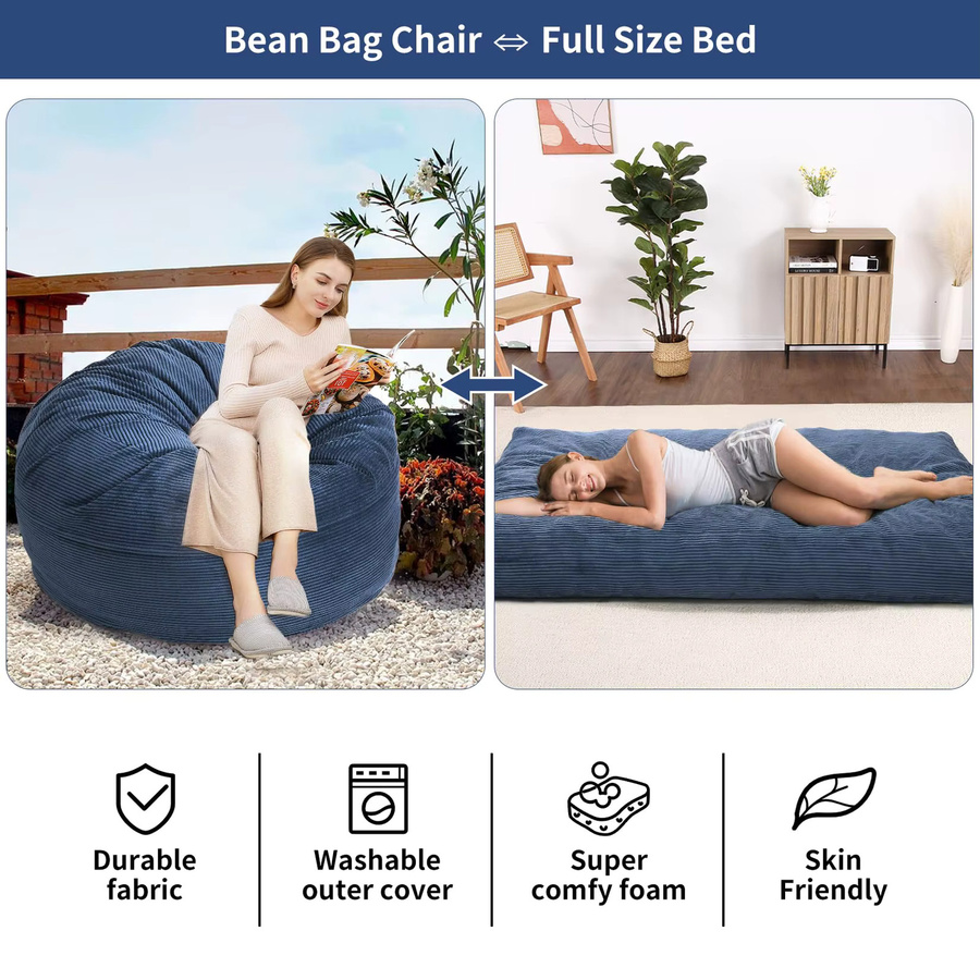 HiMISS 2-in-1 Cord-Sitzsack für Erwachsene als konvertierbares Bodensofa und Matratze in Blau - Bild 4