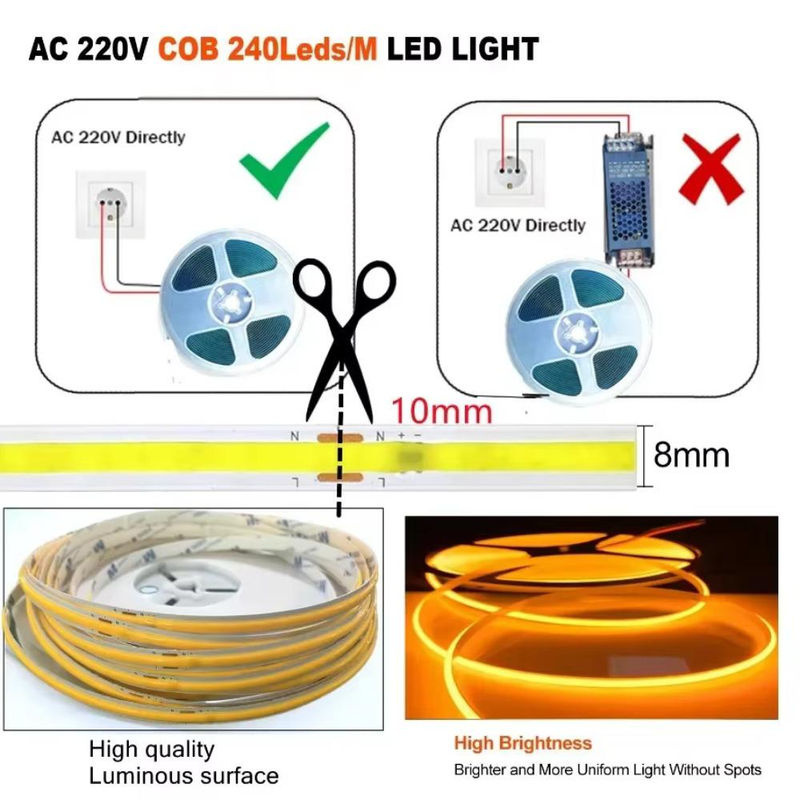 GuangZhouZhenqin COB LED Streifenlicht Warmweiß, 10m Flexibles Bandlicht mit 240 LEDs, 220V Lineare Beleuchtung, RA95, IP20 - Bild 2