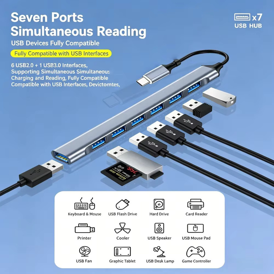 KEBIDUMEI USB-C-Hub mit 7 Anschlüssen, USB 3.0 Multi-Extender mit 5 Gbit/s Hochgeschwindigkeit und OTG-Funktion für PC, Laptop und Macbook Pro - Bild 2