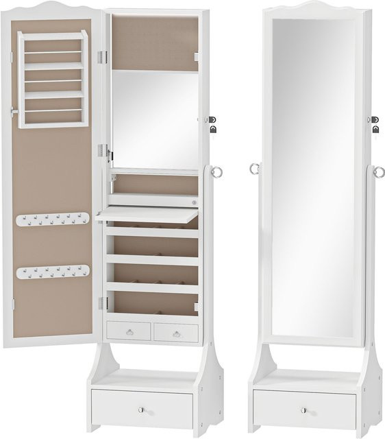 HOMCOM Schmuckspiegel mit LED-Leuchten und Schmuckschrank in Weiß mit beigem Innenfutter - Bild 1