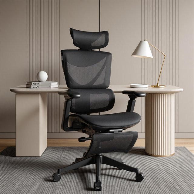 WELAX S7 Ergonomischer Bürostuhl mit Netzrücken, hoher Rückenlehne, Lendenstütze, Fußstütze und 4-fach verstellbaren Armlehnen in Schwarz oder Weiß - Bild 1