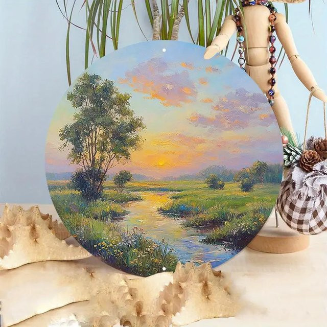 Rundes Metall-Wandkunstschild von Potdemiel mit Sonnenuntergang-Flusslandschaft im rustikalen Vintage-Stil, Durchmesser: 20,3 cm, Mehrfarbig - Bild 1