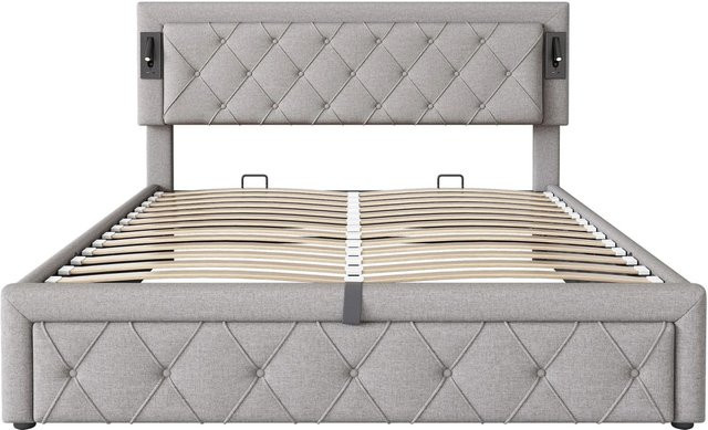 KOMHTOM Hydraulisch Gepolstertes Doppelbett in Grau mit integrierter Beleuchtung, USB-Anschluss und Stauraum, B/T: 160 x 200 cm - Bild 1