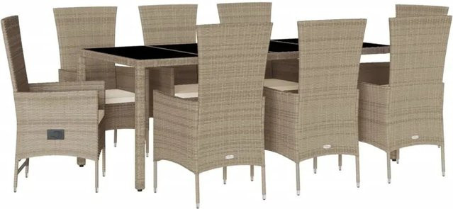 vidaXL 9-teilige Garten-Essgruppe aus Poly Rattan in Beige mit Kissen und Hartglas-Tischplatte - Bild 1